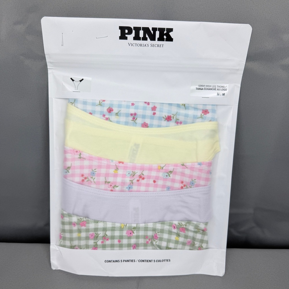 Victoria's Secret PINK Logo High Leg Thong Panties 5 Pack Floral Gingham Medium